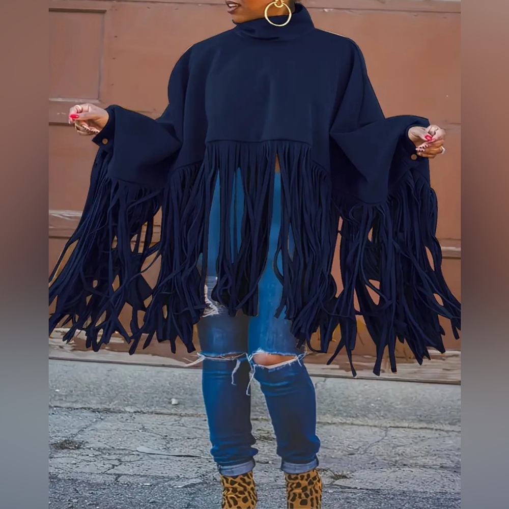 Plus Size Fringe Poncho Coat | High Neck Batwing Cape (1X–5X)